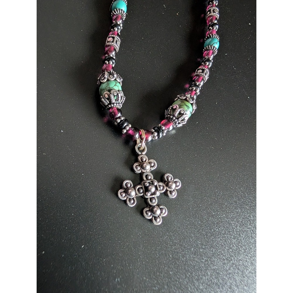Bohemian Beaded Necklace Turquoise Red Cross Pendant Toggle Clasp